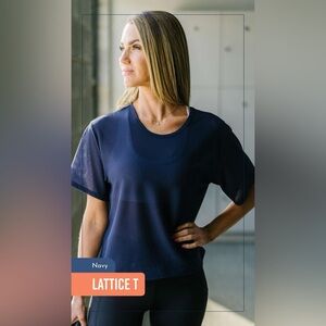 ZYIA ACTIVE - Lattice Tee in Navy - short sleeves, loose fit. Large P2P 22"